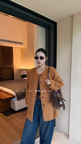 韩版圆领中长款羊毛拉绒大衣女秋冬新款小个子软糯毛毛外套 77119