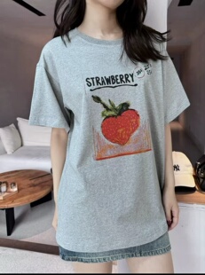 休闲百搭显瘦减龄上衣701 T恤女2026春夏新款 韩版 圆领草莓印花短袖