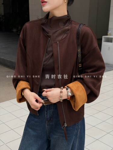 韩版设计感袖口撞色鹿皮绒外套女秋季新款百搭显瘦夹克上衣 66098