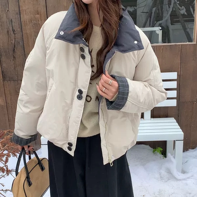 韩系百搭格纹拼接羽绒服女冬季新款立领宽松90白鸭绒短外套6610