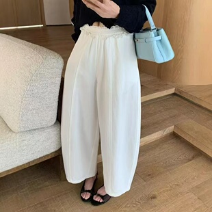 宽松显瘦百搭九分气球裤 女春夏款 2602 木耳花边高腰休闲阔腿裤 韩版