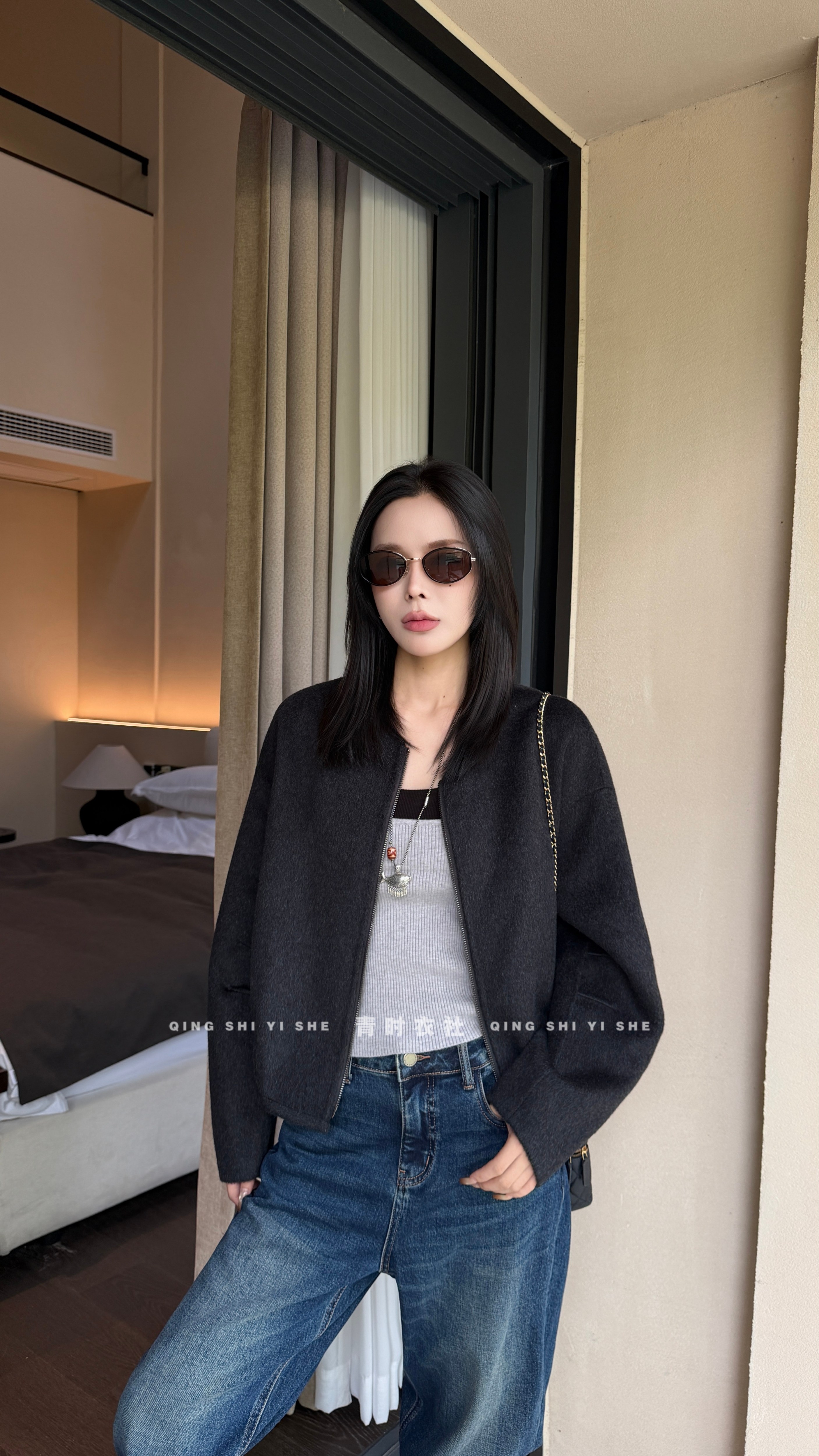 KK韩版双面羊毛拉链显瘦短外套女