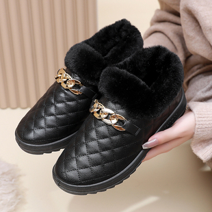 黑色毛毛短靴女冬季加绒保暖金属链条装饰方头靴防滑耐磨防雨雪子
