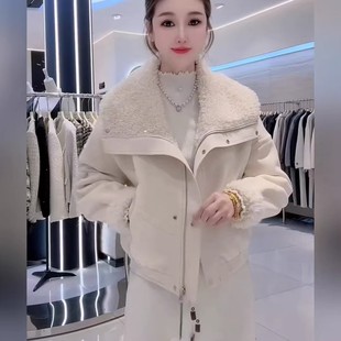 韩系仿鹿皮绒减龄外套女2025冬季 大翻领设计皮毛一体加厚上衣 新款