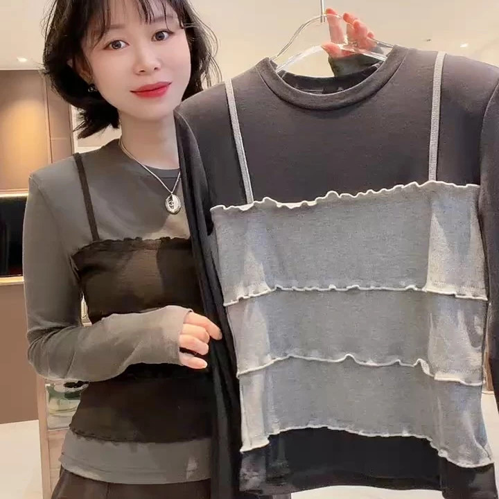 欧货假两件长袖T恤女2026年早秋独特漂亮巨好看撞色正肩显瘦上衣