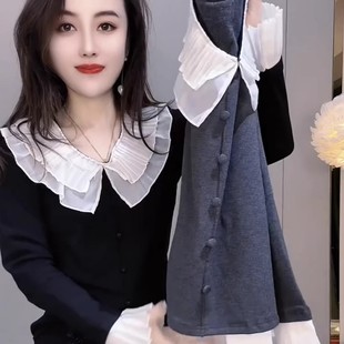 爆款 款 撞色显瘦气质百搭上衣 t恤女2026春季 温柔风双层荷叶领长袖