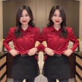 国风衬衫 女2025冬季 新款 新中式 优雅气质提花斜扣修身 显瘦红色上衣