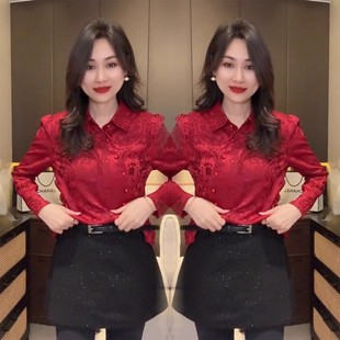 优雅气质提花斜扣修身 新中式 新款 女2025冬季 显瘦红色上衣 国风衬衫