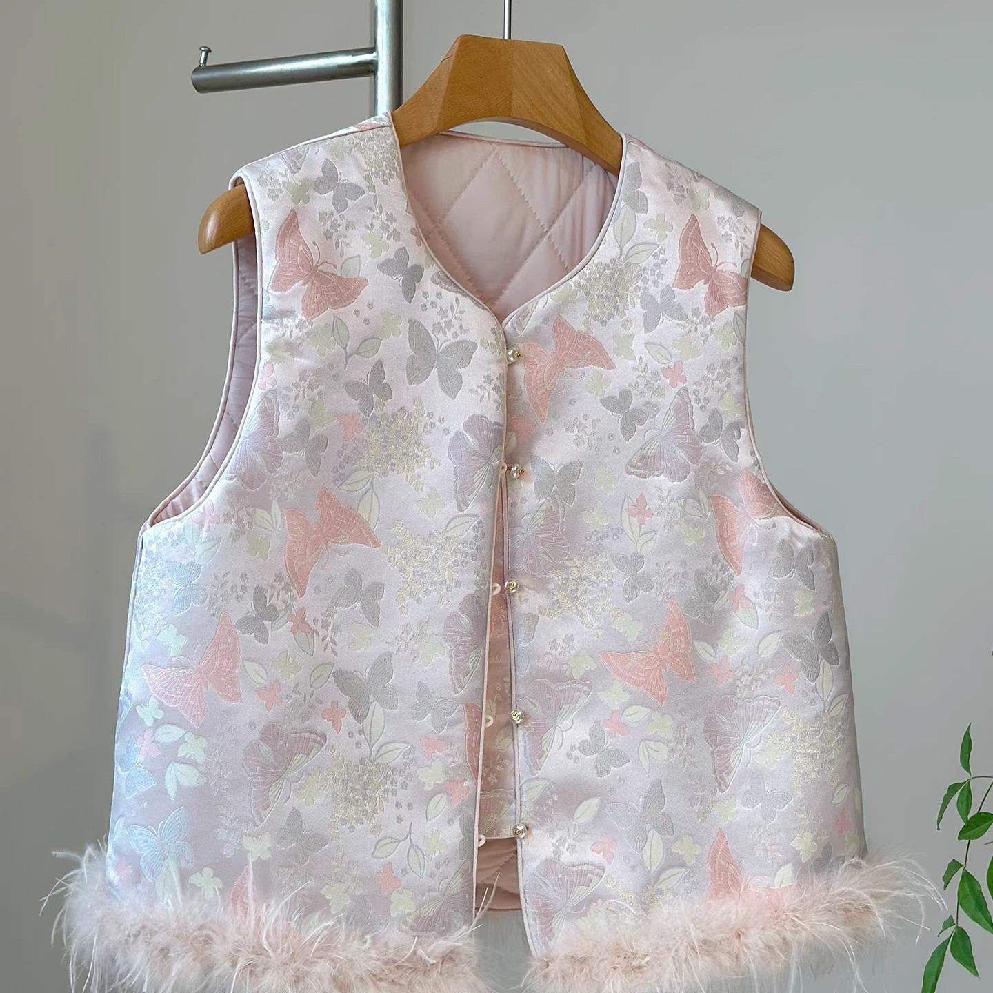 新中式无袖粉色加厚夹棉马甲女