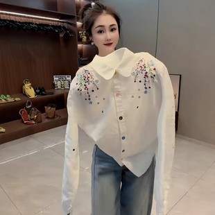 2026新款 韩版 春季 女长袖 翻领白色衬衣减龄上衣 通勤风刺绣碎花衬衫