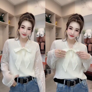 洋气时尚 法式 新款 女2026春季 蝴蝶结设计感小众高级感上衣 蕾丝衬衫