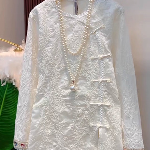 时尚 国风新中式 早秋新款 衬衫 气质百搭圆领上衣女 盘扣高端蕾丝长袖
