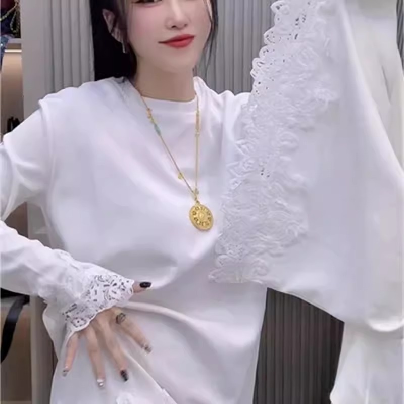 欧货设计感镂空蕾丝中长款T恤衫女春季时尚洋气宽松显瘦长袖上衣