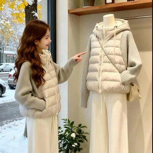 轻薄针织拼接棉服女款2026冬季新款韩版假两件棉衣保暖棉袄外套