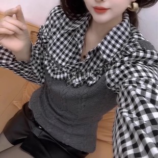 时尚 新款 潮流气质洋气吸睛 灰色撞色格子拼接上衣女2026年春季 大码