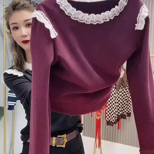 洋气打底上衣 T恤女时尚 2025秋冬新款 圆领蕾丝菲菲肩拼接撞色长袖