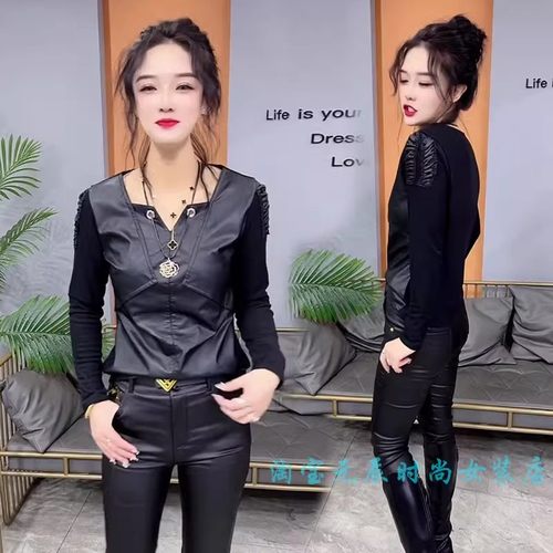 秋冬气质加绒拼接皮保暖上衣女