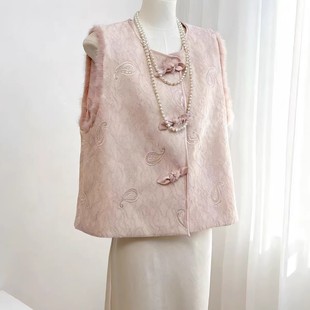 新中式 粉色水貂毛马甲女夹棉洋气减龄显白厚马夹国风蝴蝶结 年轻款