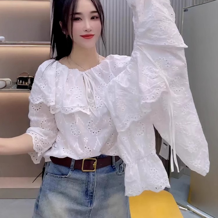 夏季欧货法式系带荷叶领短袖衬衫