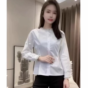 新款 女2026春季 收腰显瘦洋气减龄上衣潮 衬衫 欧货纯色圆领镶钻长袖