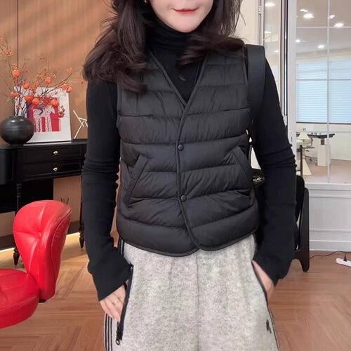 秋冬保暖V领显瘦棉服马甲小个子