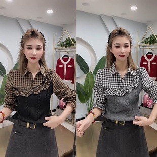 新款 显瘦洋气小衫 设计感格纹拼接衬衫 荷叶边修身 女长袖 2026年春季