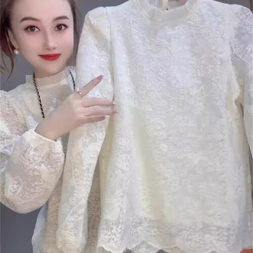 蕾丝提花半高领衬衫女春季上衣