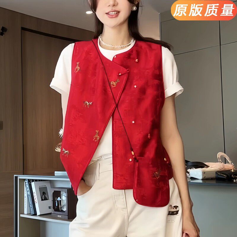红色国风马甲新中式提花盘扣马夹本命年坎肩背心马上有钱衣服女冬