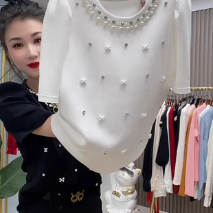 新品 短袖 甜美时尚 女洋气重工钉珠百搭小衫 T恤潮 打底衫 欧货春夏季