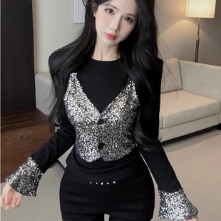 内搭 马甲上衣加绒打底衫 重工亮片假两件长袖 t恤女春秋高级感西装
