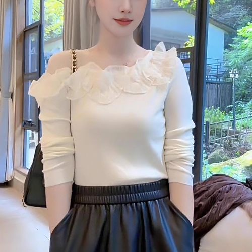 法式网纱拼接立体花朵长袖T恤女