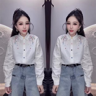 刺绣时尚 简约长袖 衬衫 百搭翻领撞色长袖 上衣潮 女春季 欧货洋气韩版