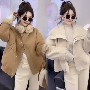 欧货皮毛一体外套女2025冬季 宽松显瘦加绒加厚百搭羊羔毛上衣 新款