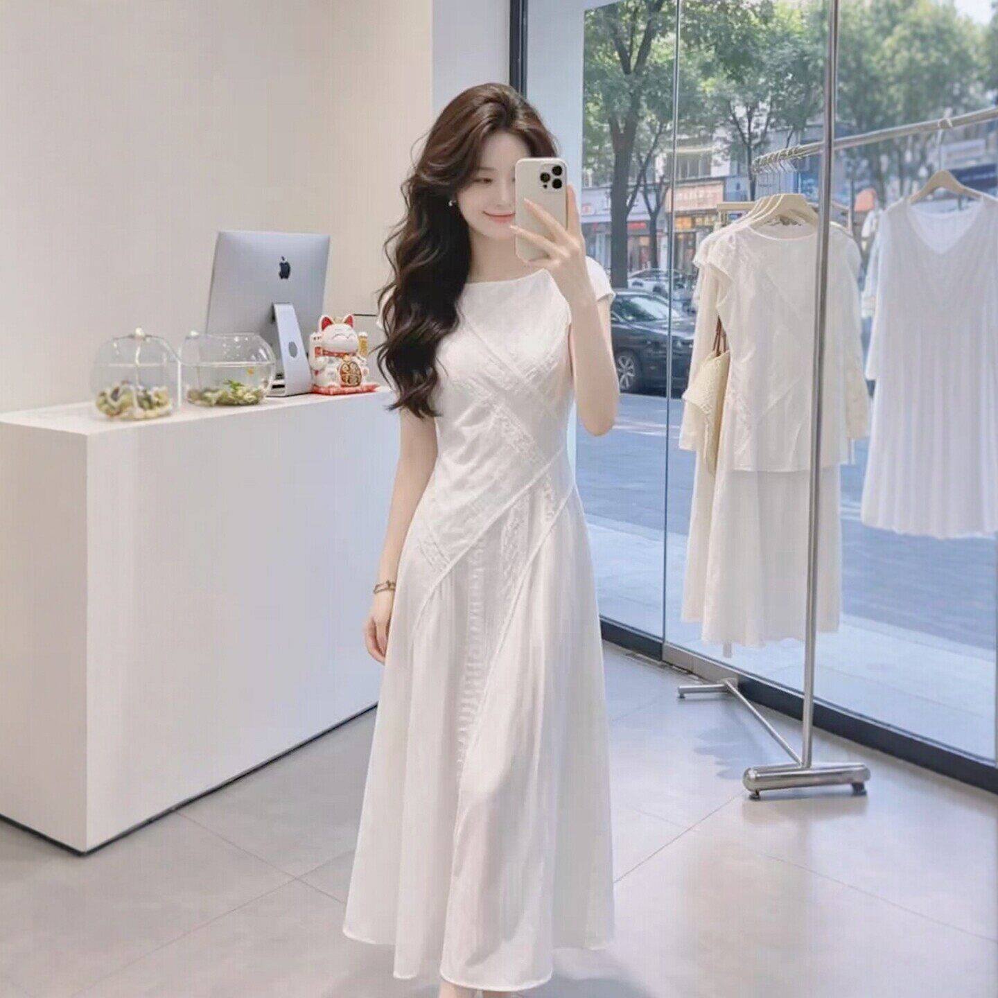 白色连衣裙女夏季2026新款独特漂亮绝美超好看高级感短袖掐腰裙子