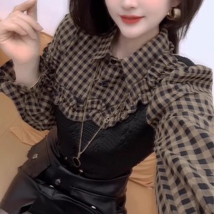时尚 新款 潮流气质减龄吸睛 黑色撞色格子拼接上衣女2026年春季 大码