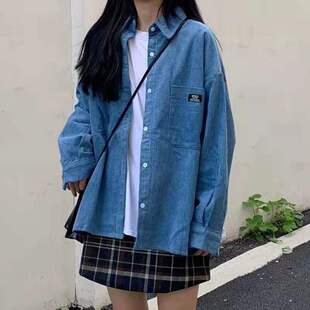 春秋新款韩版POLO领衬衫女学生纯色学院风宽松BF港味百搭衬衣外套