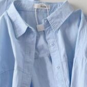 森系轻奢纯棉蓝色衬衫 女春秋内搭叠穿百搭显瘦小个子正肩衬衣外穿