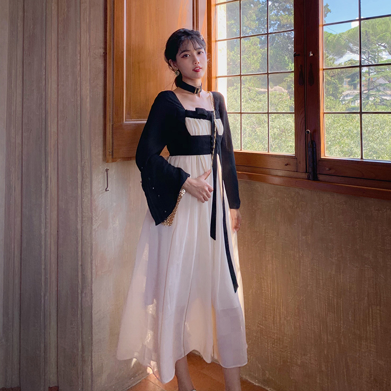 限3000张券JZ匠子仙女裙女2019新款早秋气质收腰显瘦长袖法式智熏桔梗连衣裙