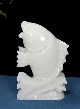 天然玉石白玉鲤鱼摆件步步高升招财客厅玄关装饰工艺品