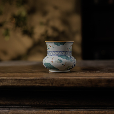 朴云堂鱼戏荷花建水釉下彩手工