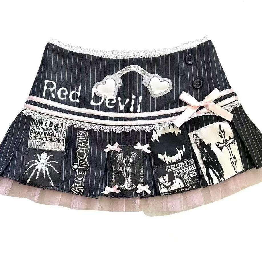 【AGD】RedDevil亚文化格雷系朋克风蕾丝拼接条纹百褶裙remake裙