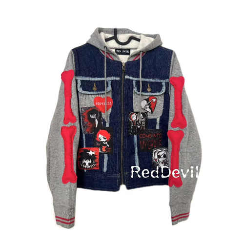 【AGD】RedDevil亚文化remake骨头y2k千禧复古牛仔拼接卫衣假两件