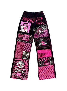 【AGD】RedDevil原创remake朋克摇滚骷髅印花拼接牛仔裤黑粉y2k