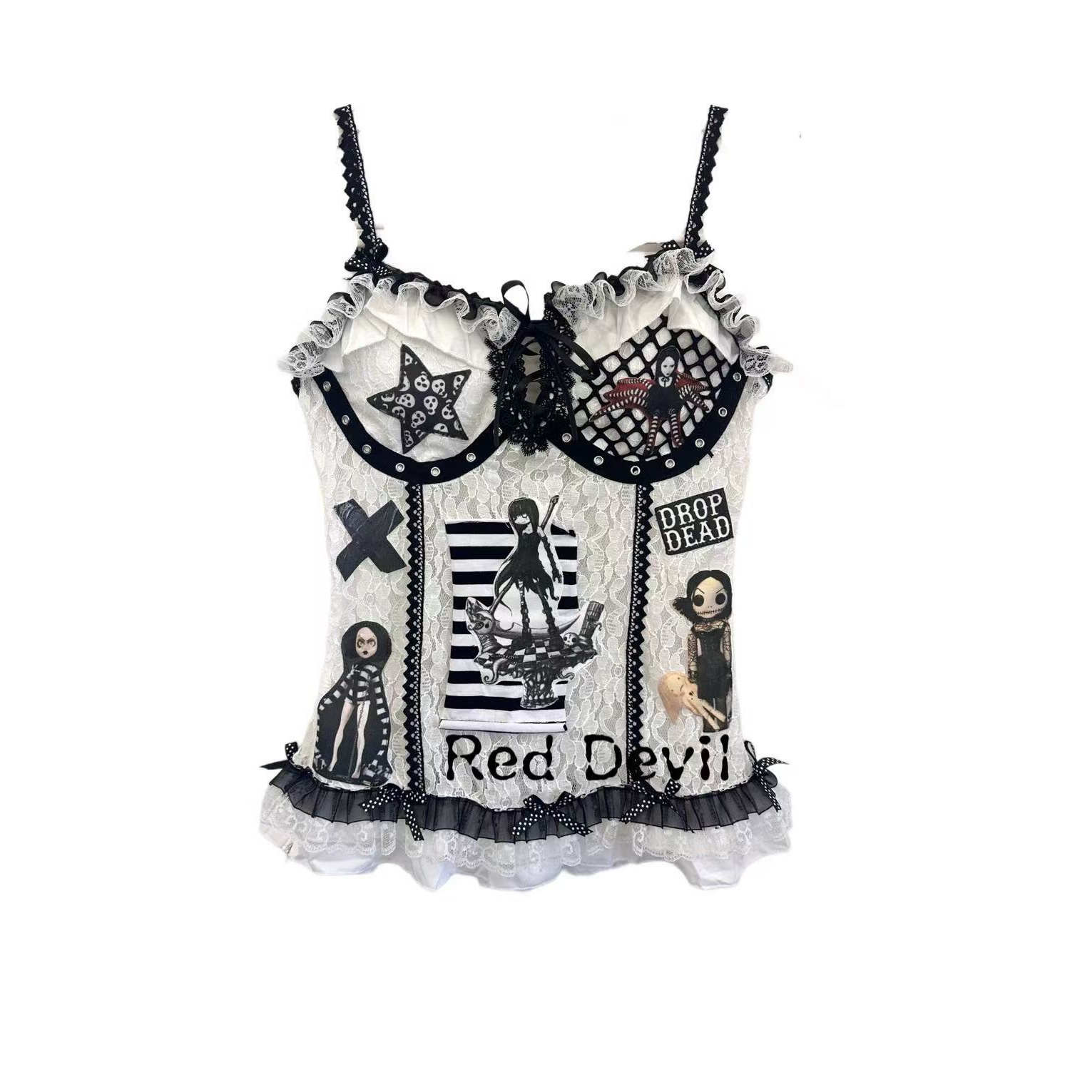 【AGD】RedDevil黑白remake亚文化贴布朋克小众吊带蕾丝上衣辣妹