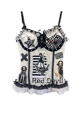 【AGD】RedDevil黑白remake亚文化贴布朋克小众吊带蕾丝上衣辣妹