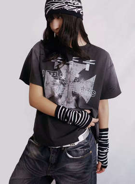 【AGD】WASE水洗破坏做旧不对称错位上下拼接印花解构宽松凉感T恤
