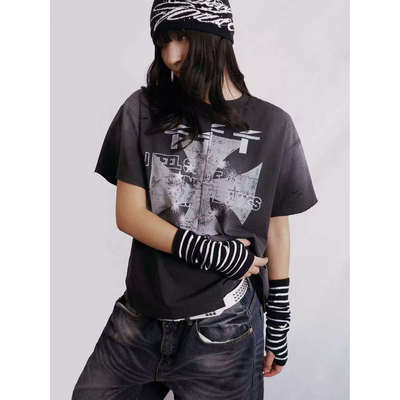 【AGD】WASE水洗破坏做旧不对称错位上下拼接印花解构宽松凉感T恤