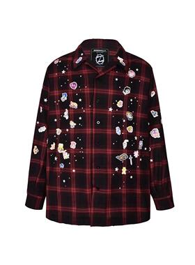 【AGD】ZOZOKILLA 红色贴纸印花烫钻法兰绒格子衬衫