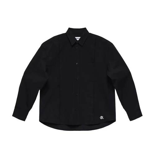 【AGD】6CRAYON男女同款纯色基础款拼接毛边刺绣纯棉翻领黑色衬衫