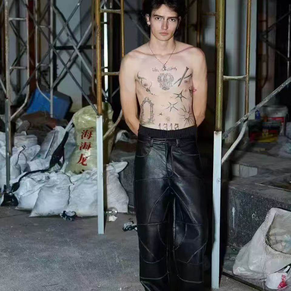 【AGD】RecoverZone 美式高街做旧复古皮裤男夏季拼接机车长裤子